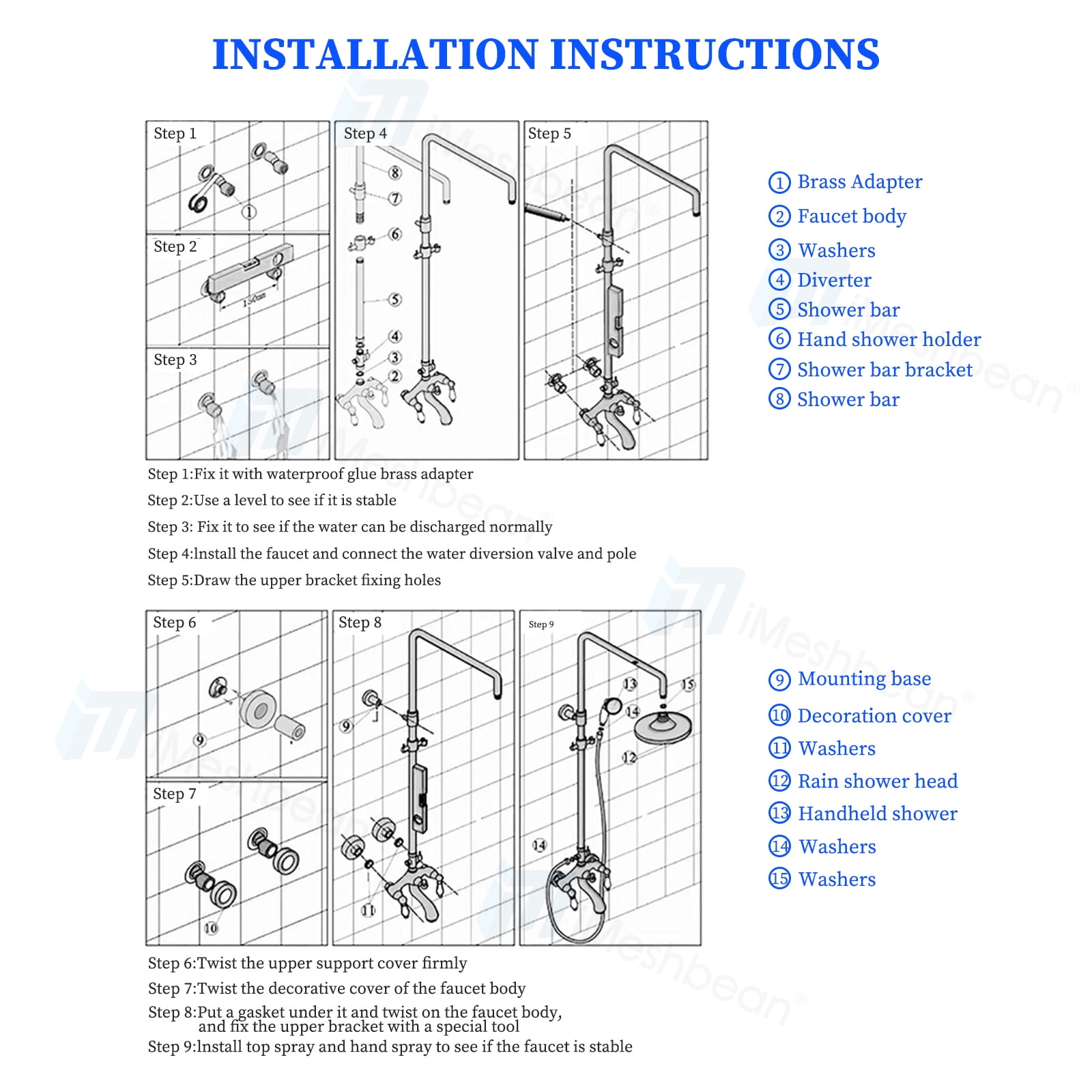 iMeshbean Luxury Shower Faucet Set Rainfall Shower Head Combo Set Wall Mounted Mixer Valve