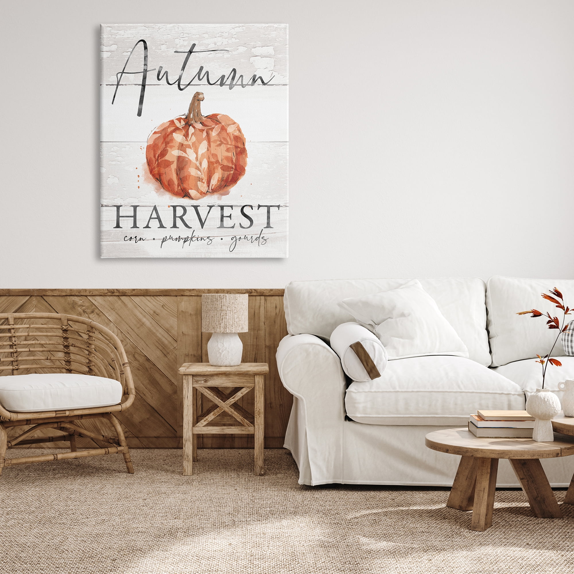 Autumn Harvest Seasonal Rustic Patterned Pumpkin Sign Botanical & Floral Graphic Art Gallery-Wrapped Canvas Print Wall Art