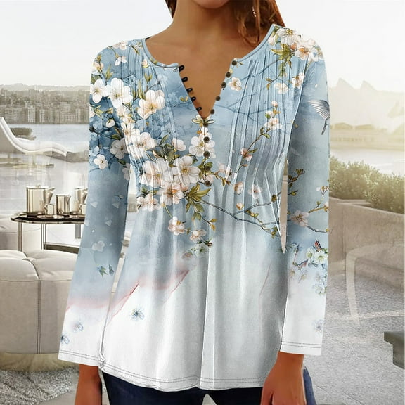 YOTAMI Women's Button Down Tops Floral Print Long Sleeve Plus Size Clothes for Casual V-Neck Ruffled Soft Shirts Multicolor M