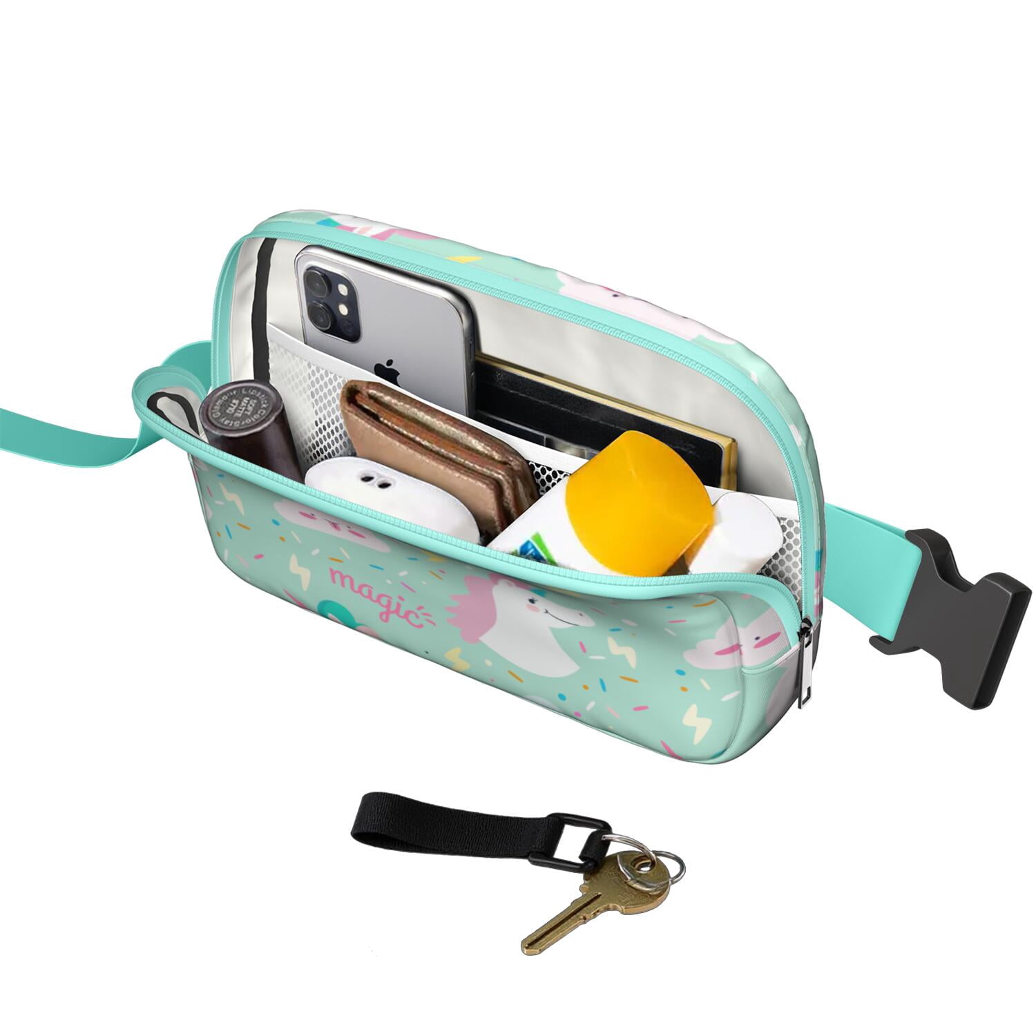 Cute Unicorn Sling Bag for Women – Rainbow Cartoon Pattern Belt Bag with Durable Buckle, Water-Resistant Fabric, and Organized Compartments