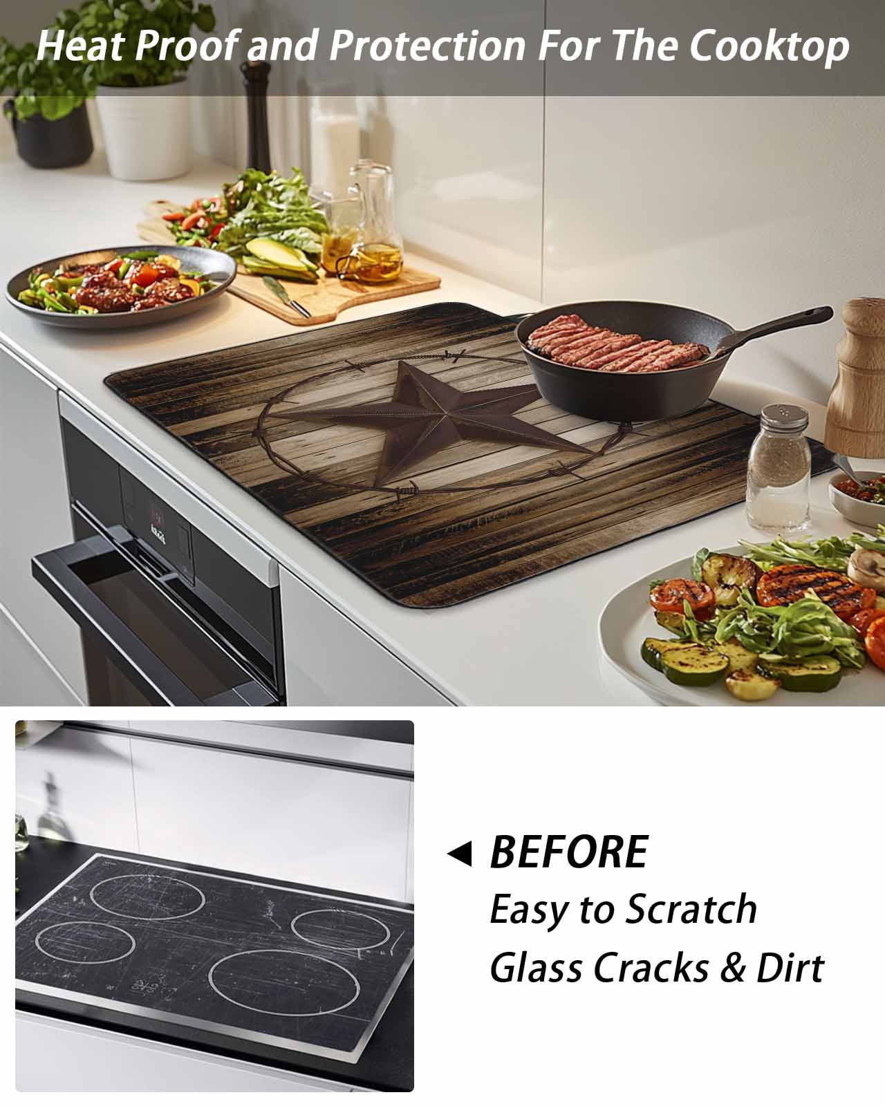 Stove Top Covers for Electric Stove, Western Star Retro Glass Stovetop Cover Protector, Vintage Brown Wood Barn Induction Cooktop Protector Oven Mat for Kitchen Countertop 24"x21"