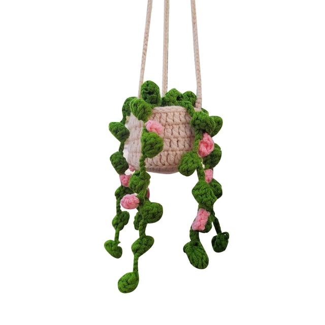 Hand Crocheted Wool Potted Plant Car Hanging - Creative Rearview Pendant, for Decoration & Gifting