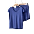 thumbnail image 2 of Qtocio Ensemble de Pyjama Court pour Femmes, Haut à Manches Courtes en Tricot Doux Uni Ample à Col Ras du Cou et Short, Tenue de Nuit Confortable pour Dames, 2 of 5