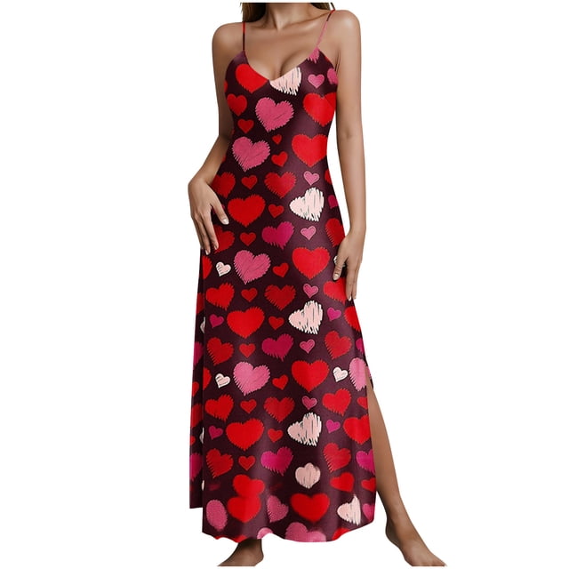 Falda Larga Verano Día de San Valentín Impreso V-Cuello sin Mangas Maxi Vestido, Color Dividido Falda de Sueño Casual para la Playa Y la Ropa de Vacaciones