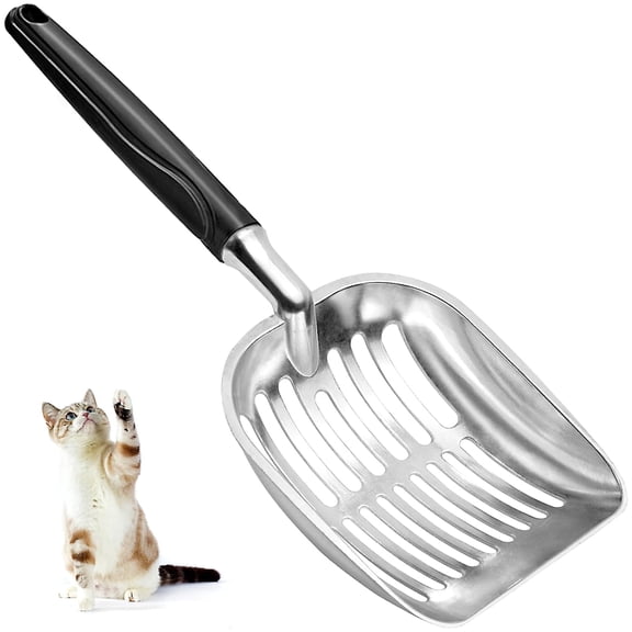 Sturdy Stainless Steel Cat Litter Scoop with Reinforced Comfort Handle, Heavy Duty Scoop with Double Mesh Design, Black