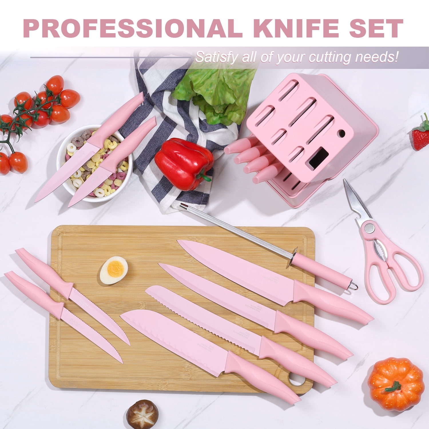 Vesteel Knife Set for Kitchen with Block, 15 Pcs High Carbon Stainless Steel Kitchen Knives Set with Sharpener Kitchen Shears - Pink