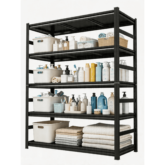 5-Tier Pot Rack Adjustable Kitchen Shelf 72"H x 48"W x 24"D Heat Resistant Metal Pantry Shelf with Storage 600lbs Per Tier Suitable for Pantry Dinning Room Black