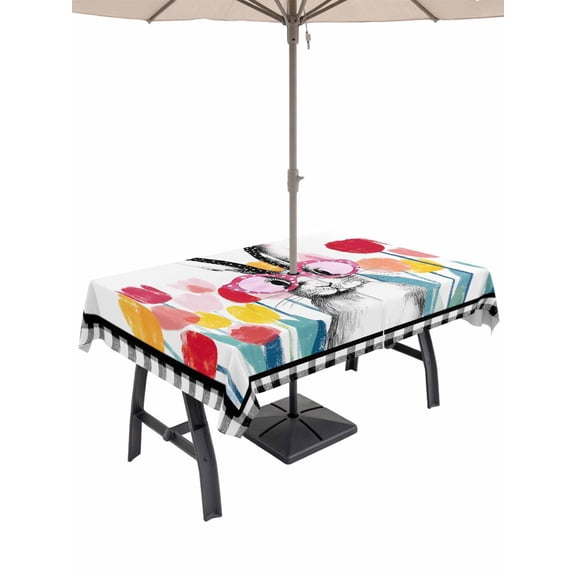 Easter Outdoor Tablecloth - 54x80 Inch Rectangle Dining Table Cover, Rabbit Spring Botanical Flowers Black White Lattice Waterproof Outdoor Table Cloth with Umbrella Hole & Zipper for Picnic/Patio