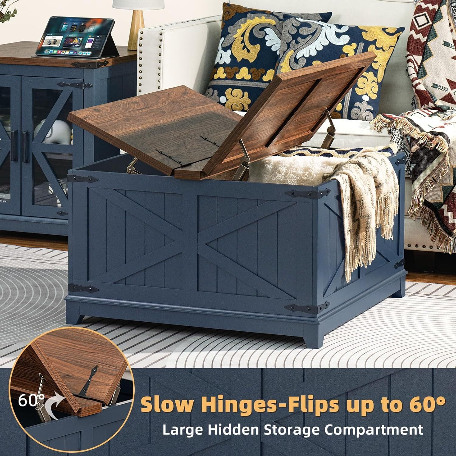 Joaxswe Coffee Table Set of 3, Flip Top Coffee Table with Large Hidden Storage, 2 Farmhouse Nightstands with Charging Station for Living Room, Navy