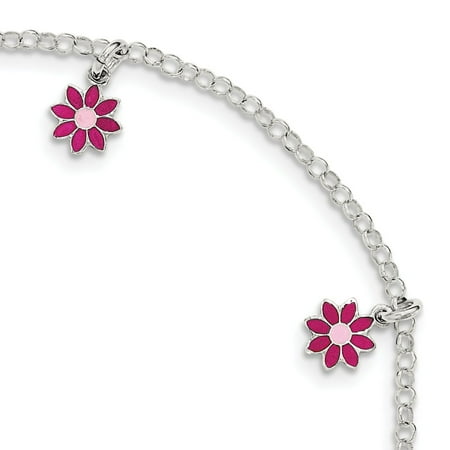 Sterling Silver 6in Polished Childrens Enameled Flower Bracelet