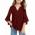 thumbnail image 3 of jobturf Girls Shirts Dressy Casual V Neck Sparkly Ruffle 3/4 Sleeve Tops Summer Comfy Loose Basic Tees Party Blouses Size 3-14 Years, 3 of 8