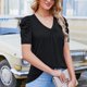 thumbnail image 2 of Mujer Cuello En V Top Mangas Cortas Puff Busto Plisado Color Puro Ajuste Suelto Verano Casual Camiseta Negro S, 2 of 5