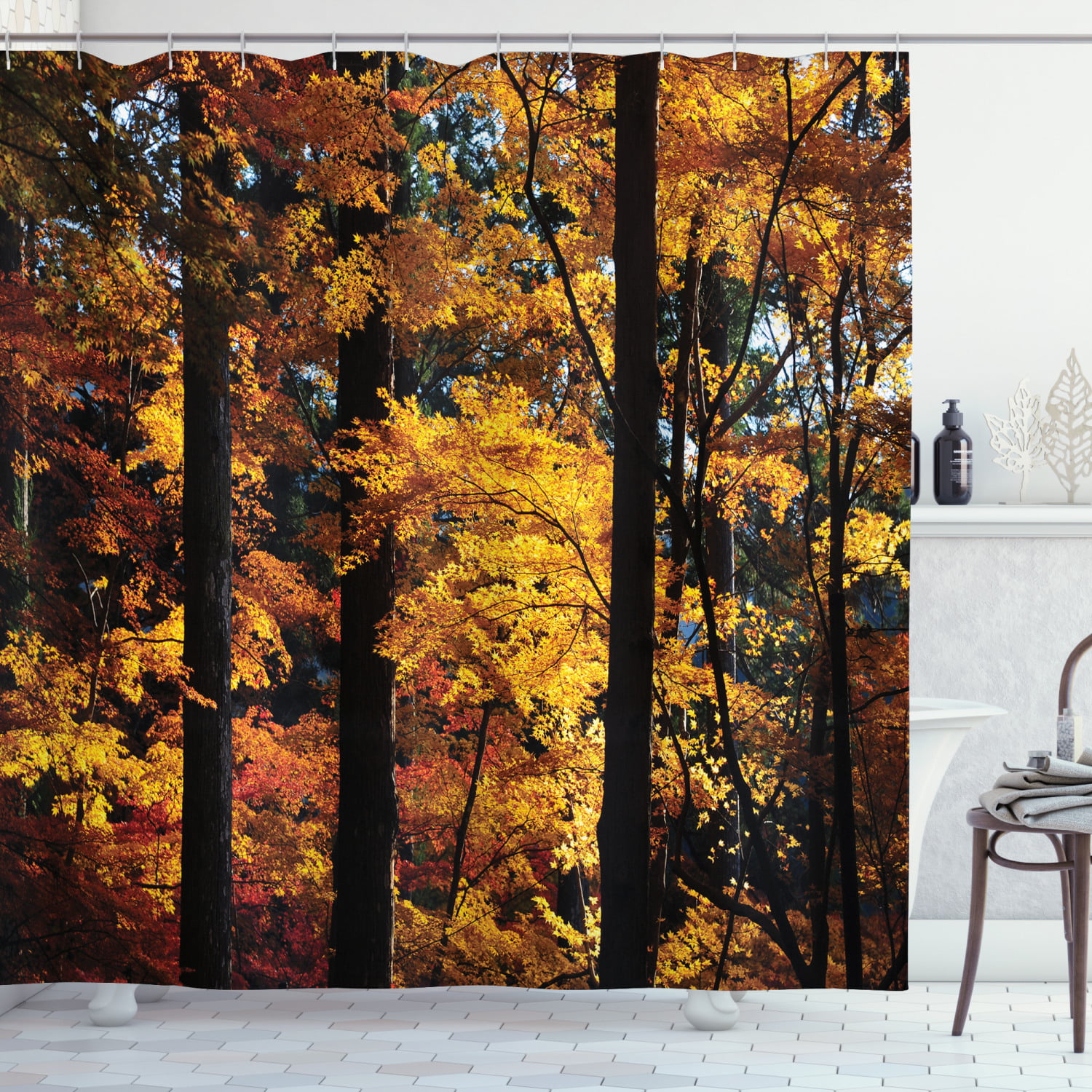 Autumn Fall Trees with Sunshine Shower Curtain Bathroom Fabric & 12hooks 71*71in 