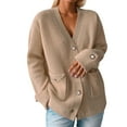 thumbnail image 2 of BXINGOHAI Women's Chunky Knit Open Front Sweater Long Sleeve Button Loose Short Cardigan Outerwear Coats Khaki M, 2 of 4