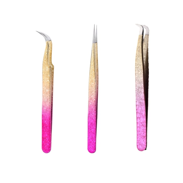 Pinzas de extensión de pestañas, 3 piezas, abrazadera de agarre de diamante para extensiones de pestañas, pinzas de pestañas en forma de L rectas y curvadas, herramienta de pestañas con degradado