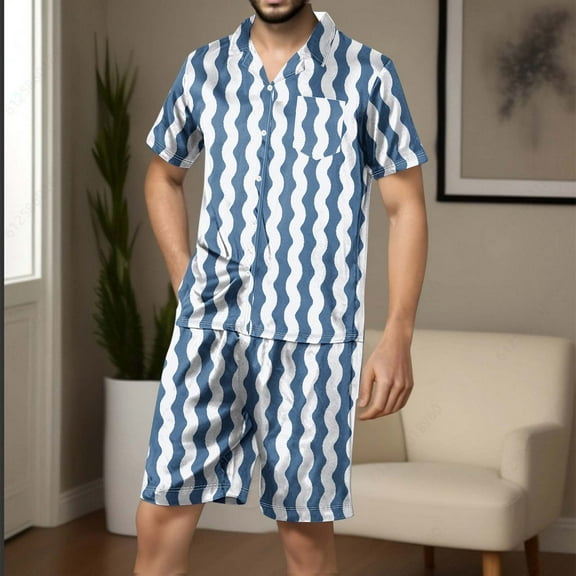 Mens Satin Pajama Sets with Pockets Lightweight 2 Piece Loungewear Outfits Stripe Printed Short Sleeve Shirts and Shorts Sleepwear Set