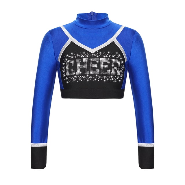 CHICTRY Girls Cheerleading Cropped Tops Shiny Rhinestone Contrast Color Long Sleeve Mock Neck Gymnastic Dance Tee Blue 16