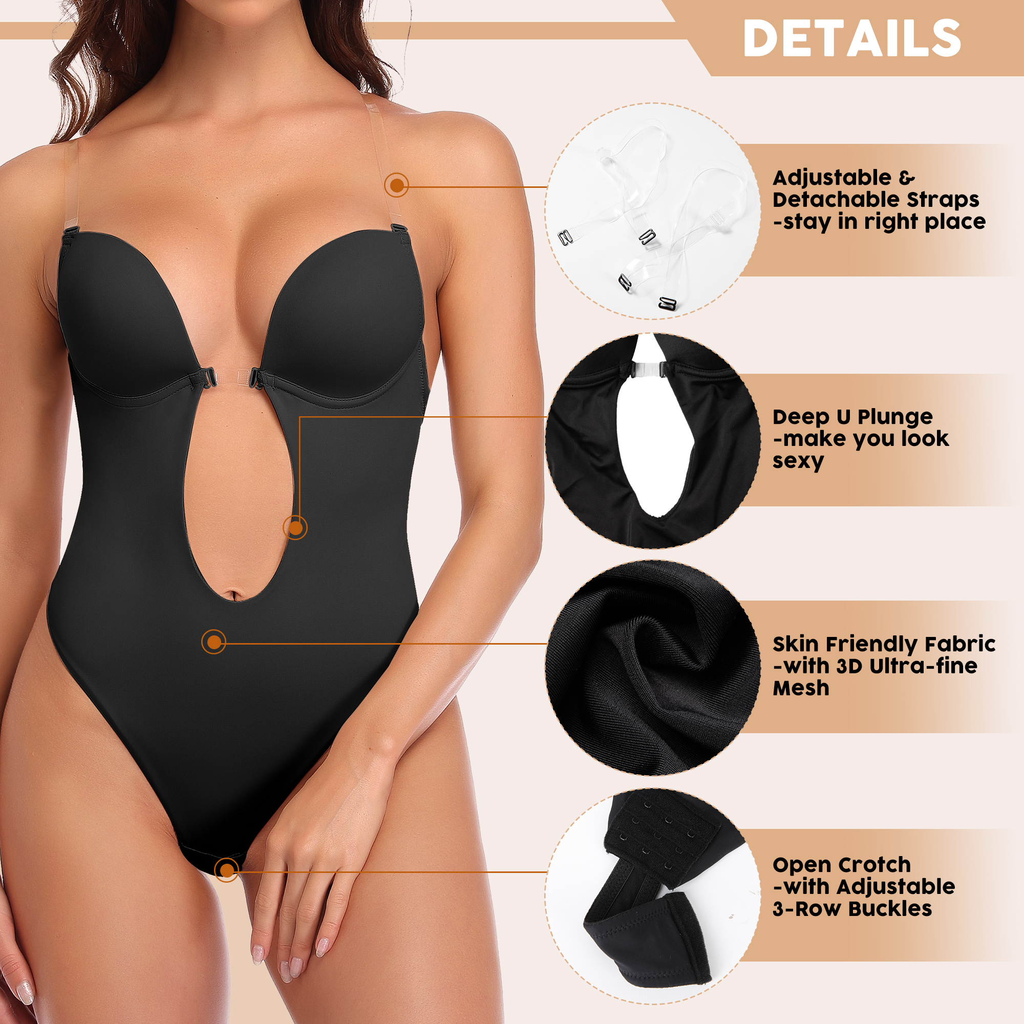 Women’s Seamless Thong Invisible Bra Bodysuit – U Plunge, Backless, Deep V Shapewear