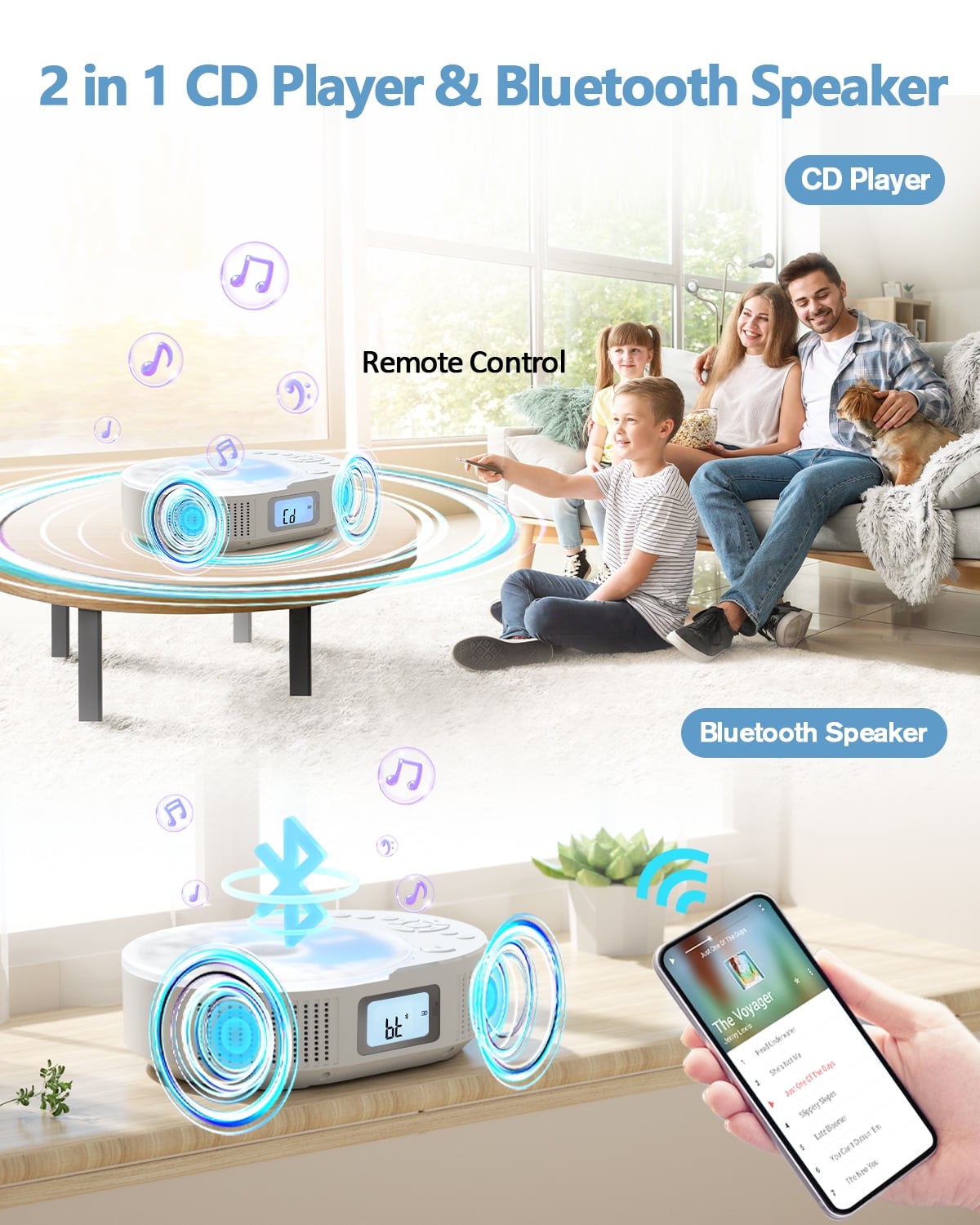 FELEMAN Boombox Portable CD Player with Bluetooth and Remote,Stereo Speakers, FM Radio,Rechargeable CD Player Boombox for Car,Home,Kids,Gift
