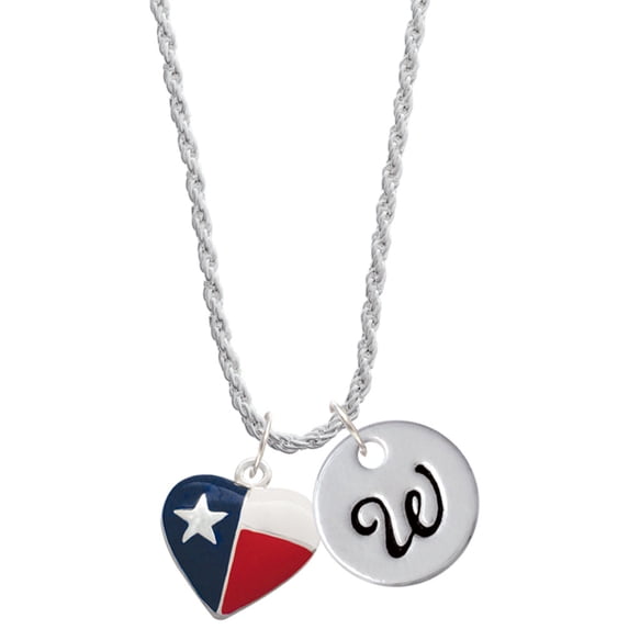 Delight Jewelry Silvertone Texas Lone Star Heart Silvertone Script Initial Disc - W - Charm Necklace, 20"+3"