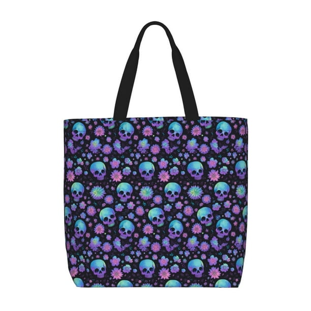 Balery purple Skull flower Bolsa de Mano para Mujeres con Cremallera, Bolsa de Gimnasio con Compartimentos, Bolsa para Laptop, Bolsa para Trabajo