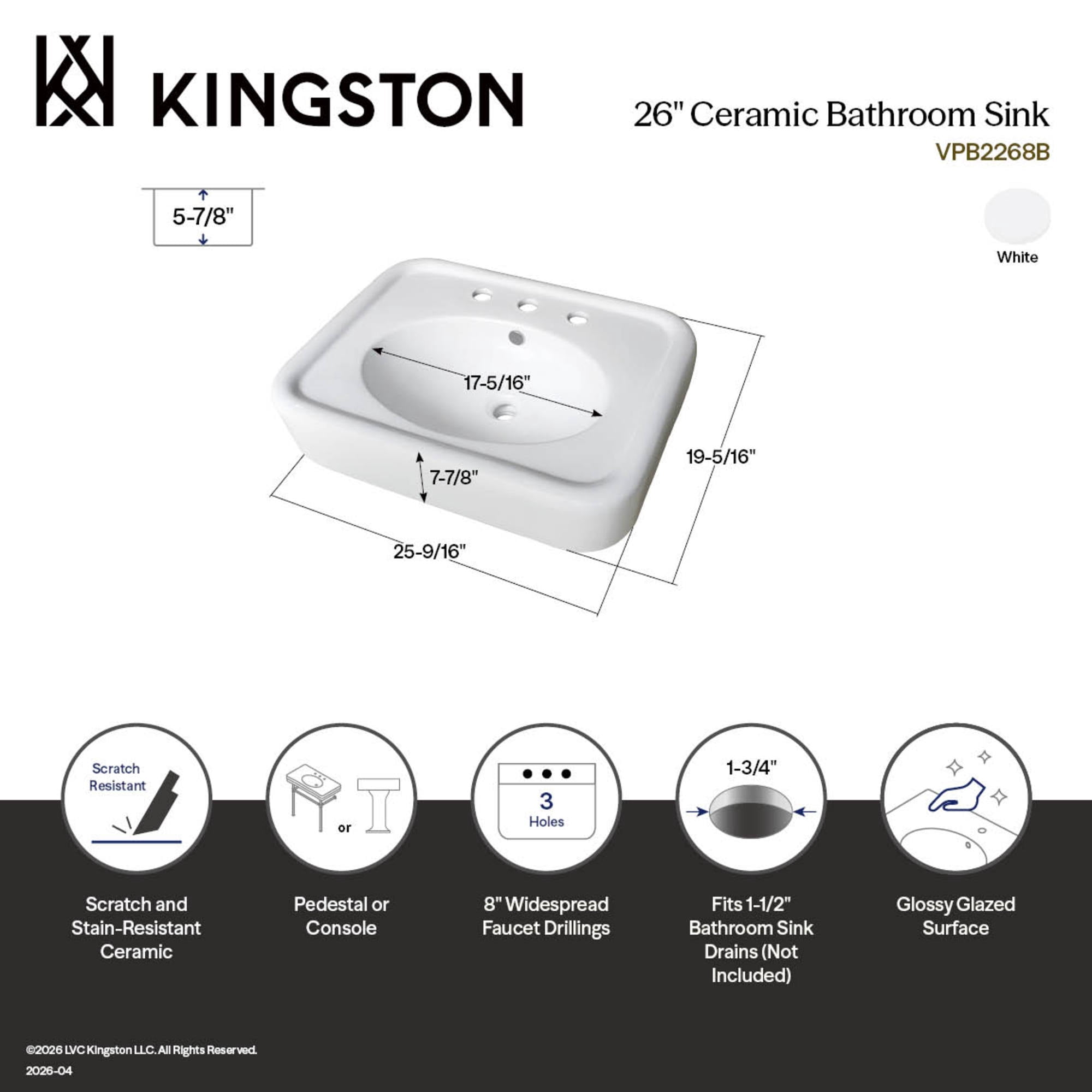 Kingston Brass VPB2268B Robert 26-Inch Ceramic Console Sink Top (8-Inch, 3-Hole) in White