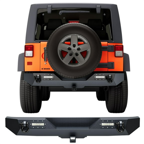 Rear Bumper Compatible with 2007-2018 Wrangler JK/JL & Unlimited JKU (2/4 Doors), Rock Crawler Off Road Full Width Bumper with 2 LED Lights & 2 x D-Rings