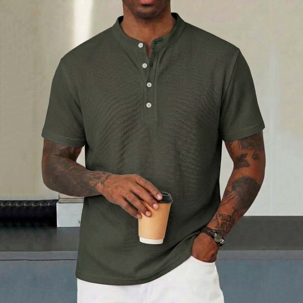 Ceisia Men's Relaxed Fit Short Sleeve Stand Collar Henley Shirt Waffle Knit Solid Color Casual Top Army Green XXXL Gifts