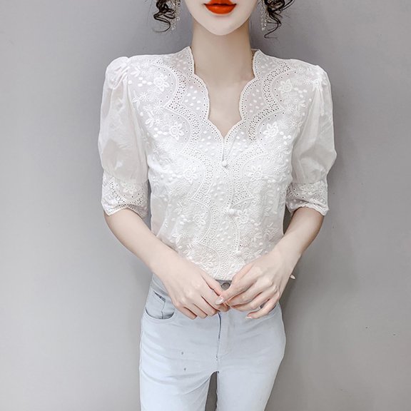 Olyvenn Women's Embroidered Puff Sleeve Casual Hollow Short Sleeve Shirt V-Neck Flowing Shirt Elegant Lace Tops White M
