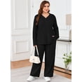 thumbnail image 2 of SHOWMALL Plus Size Lounge Sets for Women, Cozy 2 Piece Ribbed Fleece Pajamas, Long Sleeve Henley Top & Elastic Waist Wide Leg Pants, Classic Everyday Loungewear, Black, 2 of 10