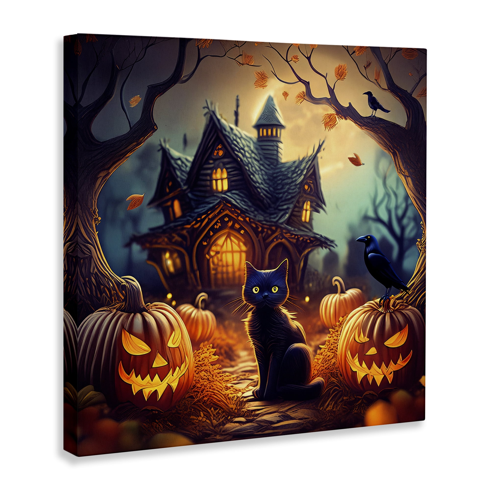 Stupell Industries Haunted House & Black Cat Holiday Painting Wrapped Canvas Art Print Wall Art, 24 x 24