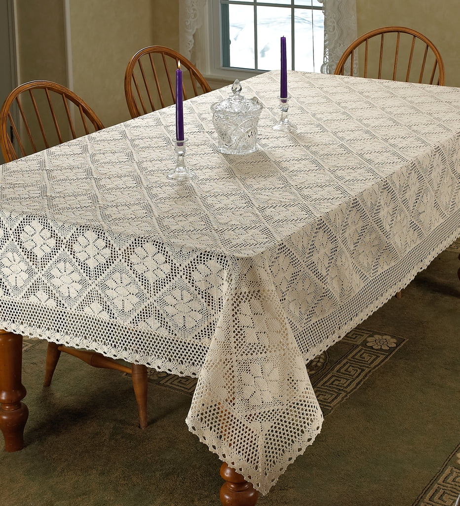 BEA At Home Baige Crochet Lace Vinyl Tablecloth 70” Round NEW 