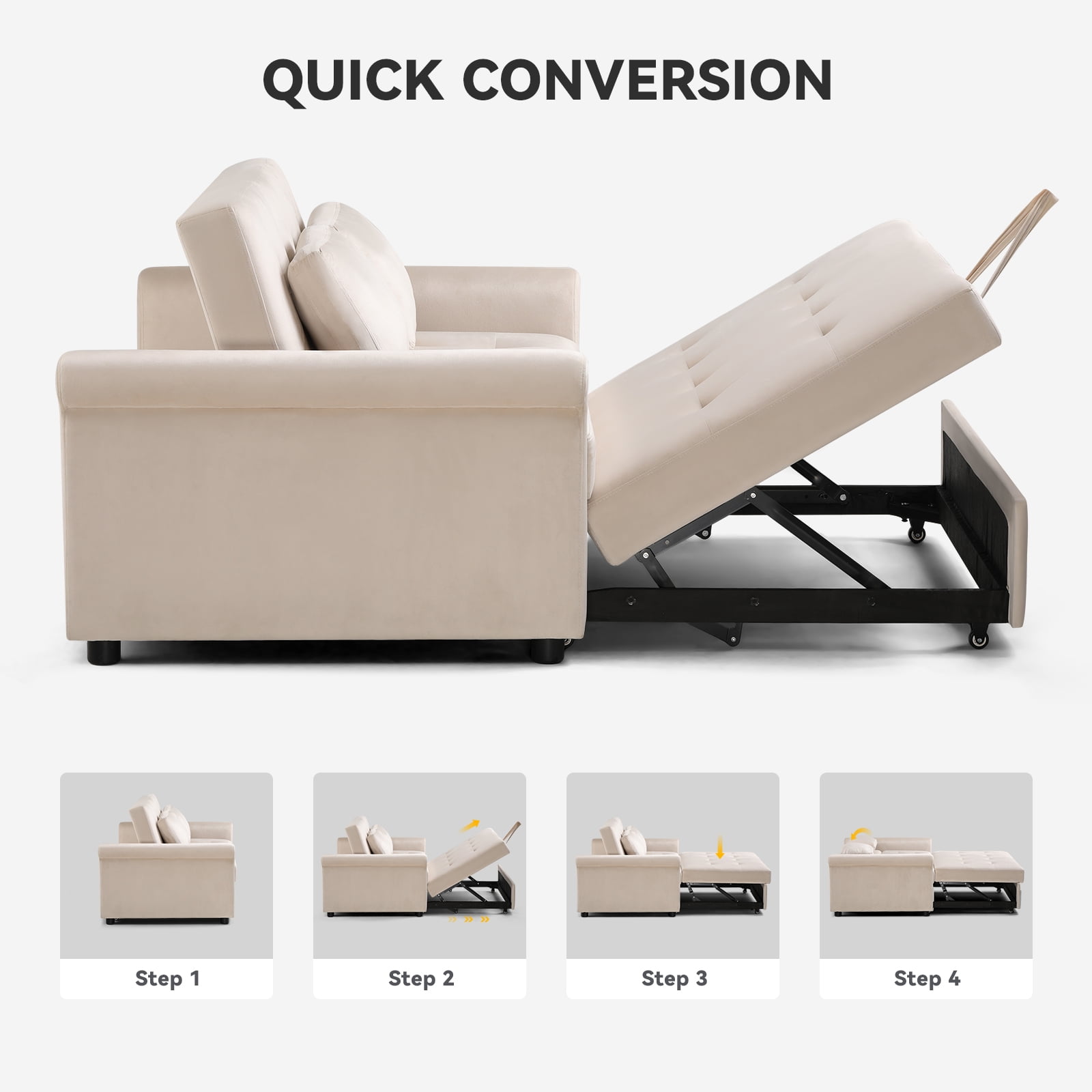 COMHOMA Convertible Sofa Bed 55'', 3-in-1 Sleeper Sofa with Pull-Out Bed, Futon Sofa with Reclining Backrest and 2 Pillows, Loveseat Sleeper Couche for Living Room, White
