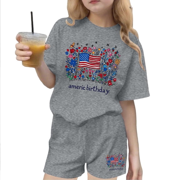 FAWUUDO Girls' T-Shirt & Shorts Two-Piece 4th of July Outfits Crew Neck Short Sleeve 3-15 Years Kids Summer Casual Patriotic Print Set Vacation