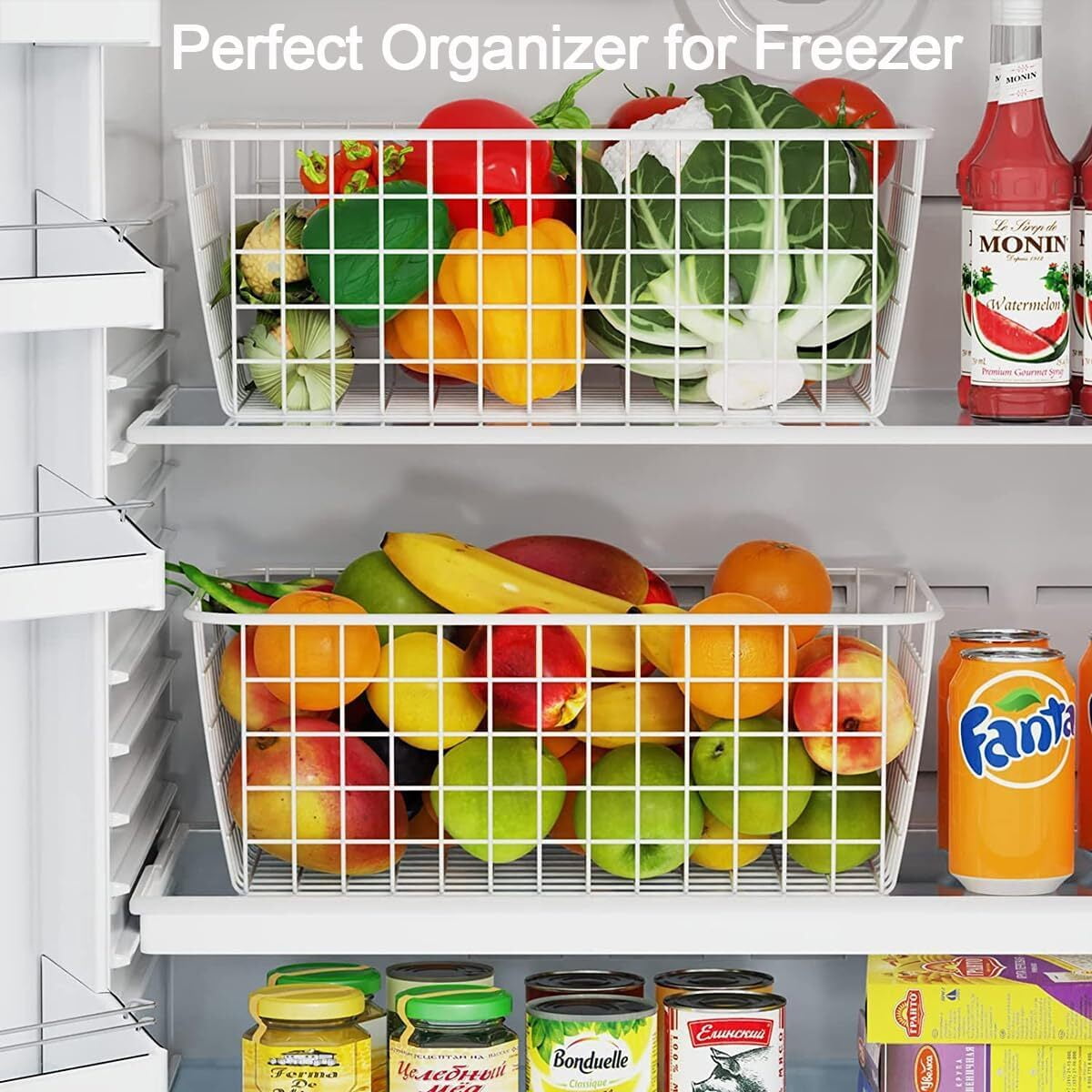 2 Pack Freezer White Wire Baskets for Organizing Office Wire Storage Basket with Built-in Handles, 14" Large White Metal Baskets for Pantry Freezer Kitchen Cabinets