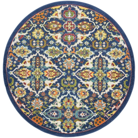 5' Blue Round Floral Power Loom Area Rug