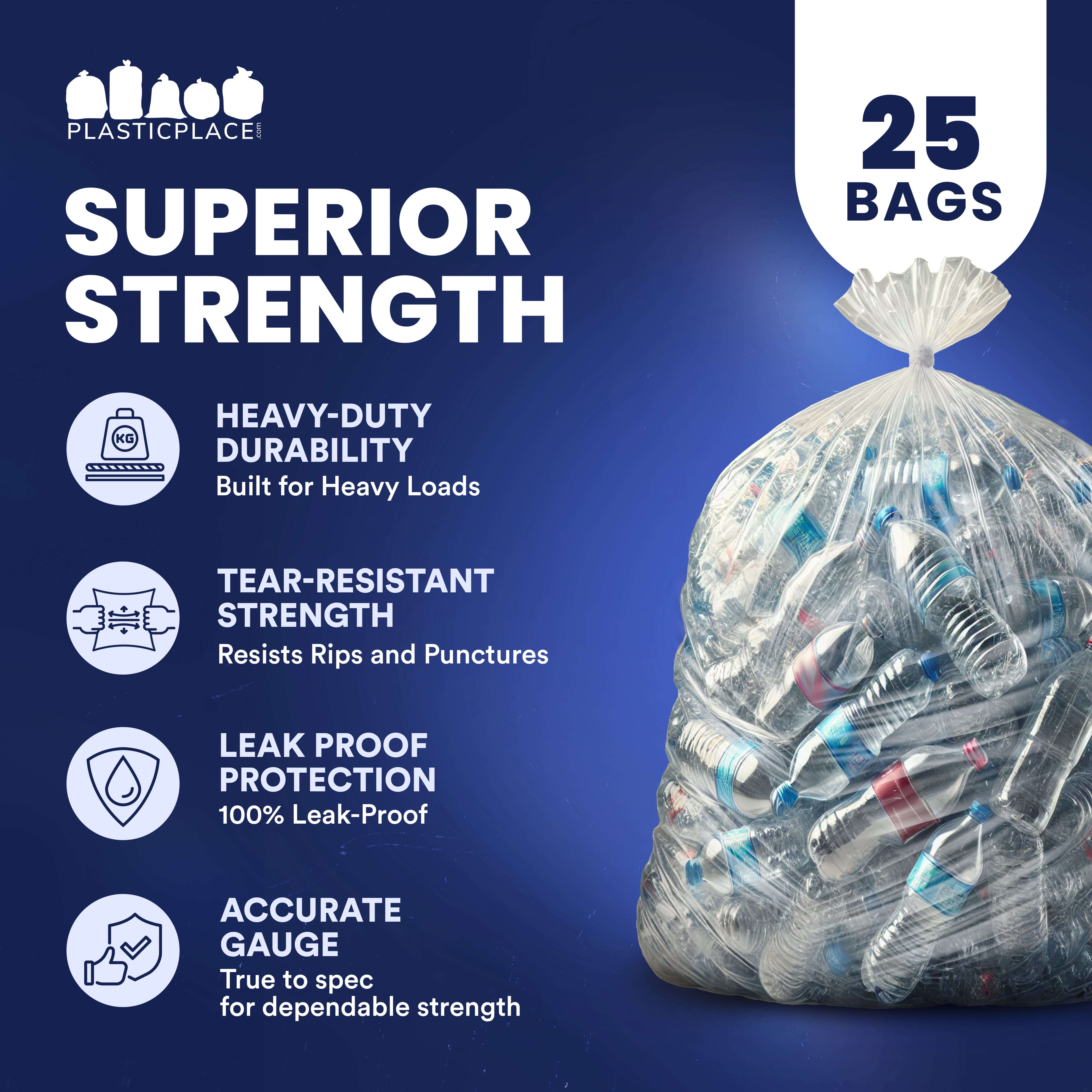 Plasticplace 95-96 Gallon Garbage Can Liners │ 2 Mil │ Clear Heavy Duty Trash Bags │ 61” X 68” (25 Count)
