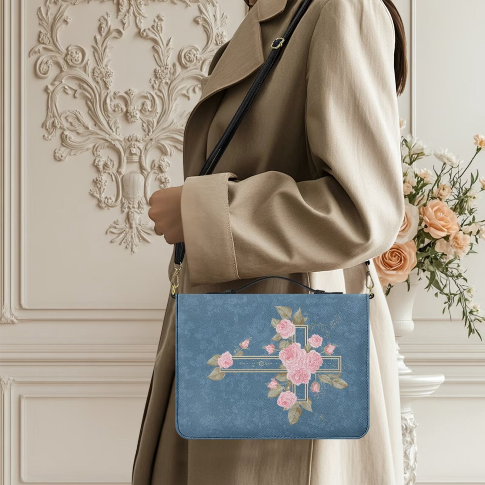 Kuiaobaty Rose Cross Print Bible Bag for Women Men PU Leather Bible Cover Case with Bookmark Lightweight Church Bag Bible Study Supplies with Shoulder Strap for Christian, Blue