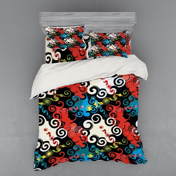 Ambesonne Psychedelic Bedding Set 4 Pcs, Grunge Street Art, Queen, Multicolor