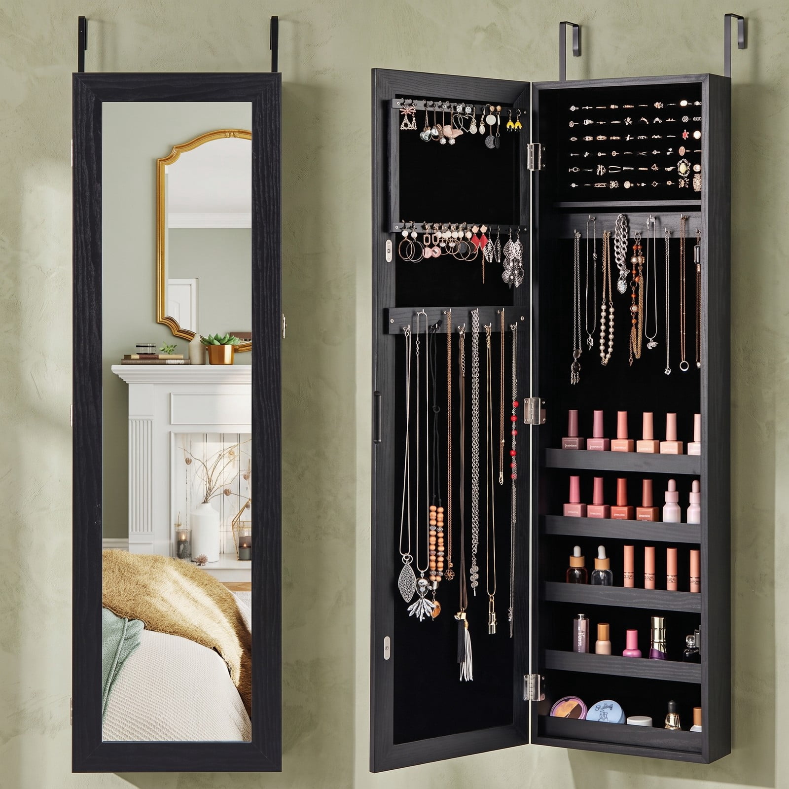 Furnibear Wall and Door Mounted Armoire Jewelry Cabinet with Full-Length Mirror and Velvet Lining for Bedroom Storage, Black