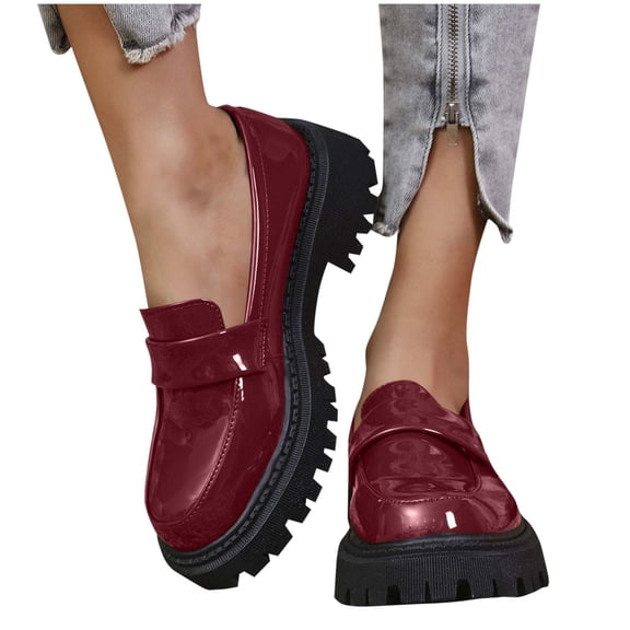 Gpaecead Women British Style Thick Sole Loafers Patent Leather Non Slip Spring Summer Versatile Heightening Shoes, Burgundy