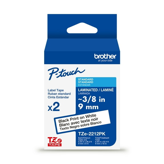 Brother P-touch TZe2212PK Black Print on White Label Tapes, 3/8in (9mm) x 26.2ft (8m) Laminated, 2-Piece