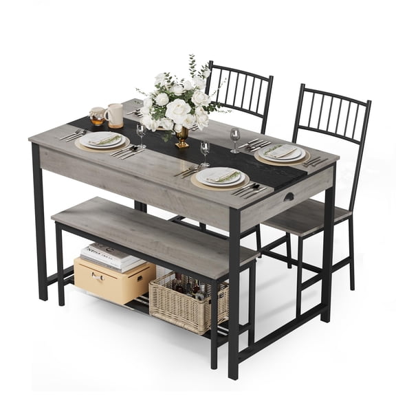 Space-Saving 4-Piece Dining Table Set for 4 – Rectangular Kitchen Table with Storage Drawers, 2 Chairs & Bench – Farmhouse Style for Small Dining Room, Grey