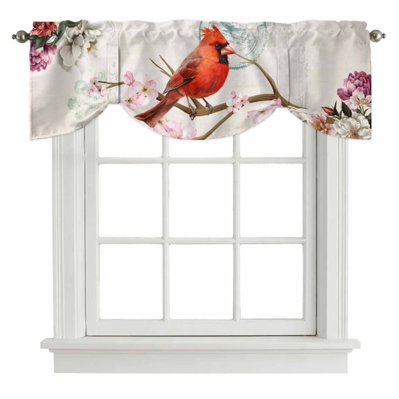 Red Bird Flowers Tie Up Valance Curtains for Windows, Kitchen Curtains Window Treatments, Retro Rustic Animal Floral Branches Short Window Shades Valances for Bedroom Bathroom Cafe 42"x18"