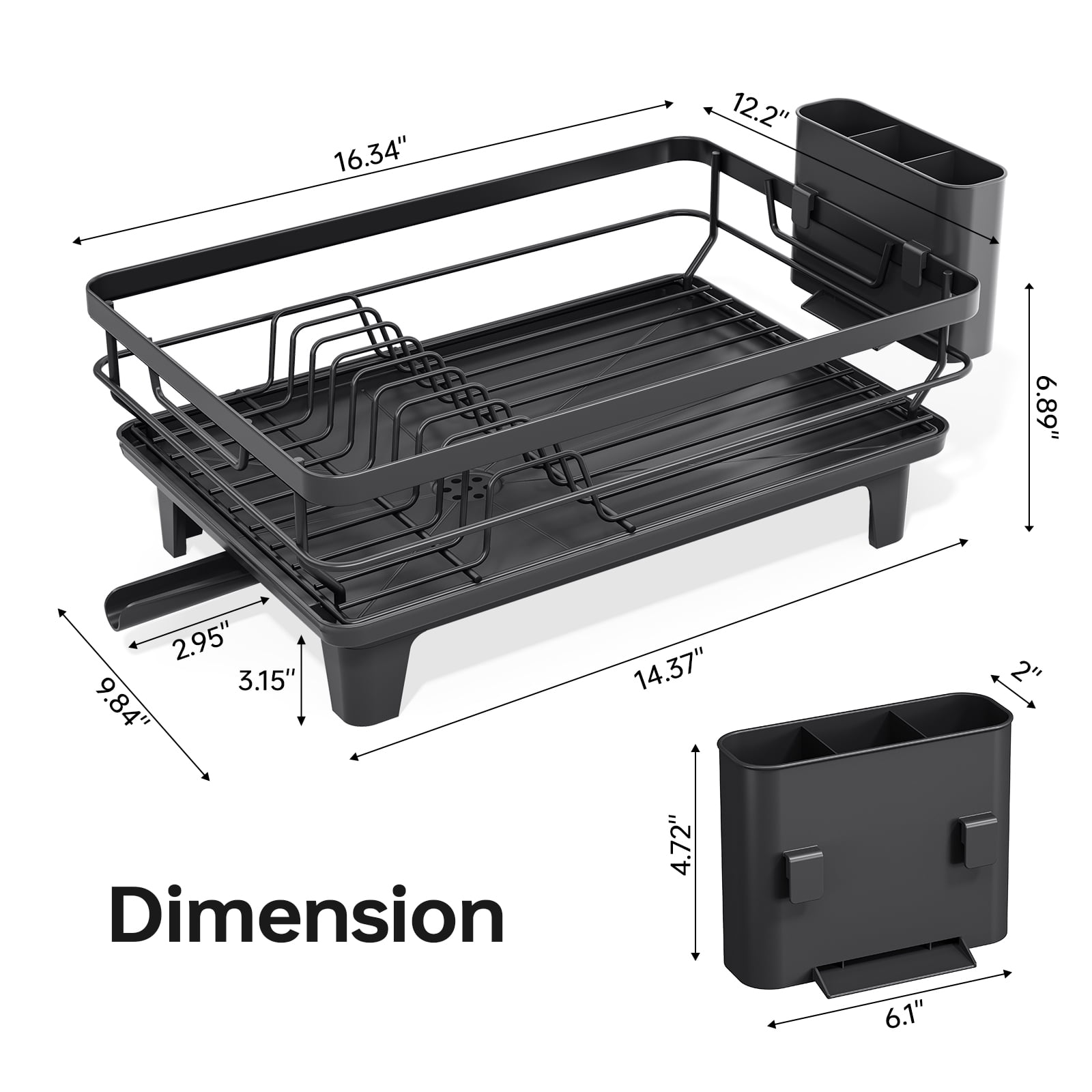 KINGRACK Dish Drying Rack, Large Dish Rack with Drainboard and Cup & Utensil Holders, Stainless Steel, Over Sink or Counter, Black