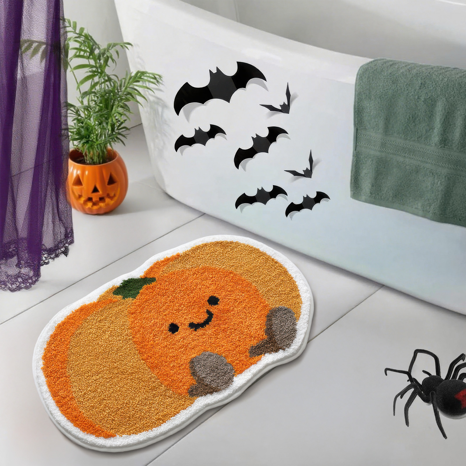 Sanmadrola Halloween Bath Rugs Mat Halloween Decoration Indoor Bath Mat Non Slip Bathroom Shower Rugs Pumpkin Shape Super Absorbent Machine Washable 24''x24''