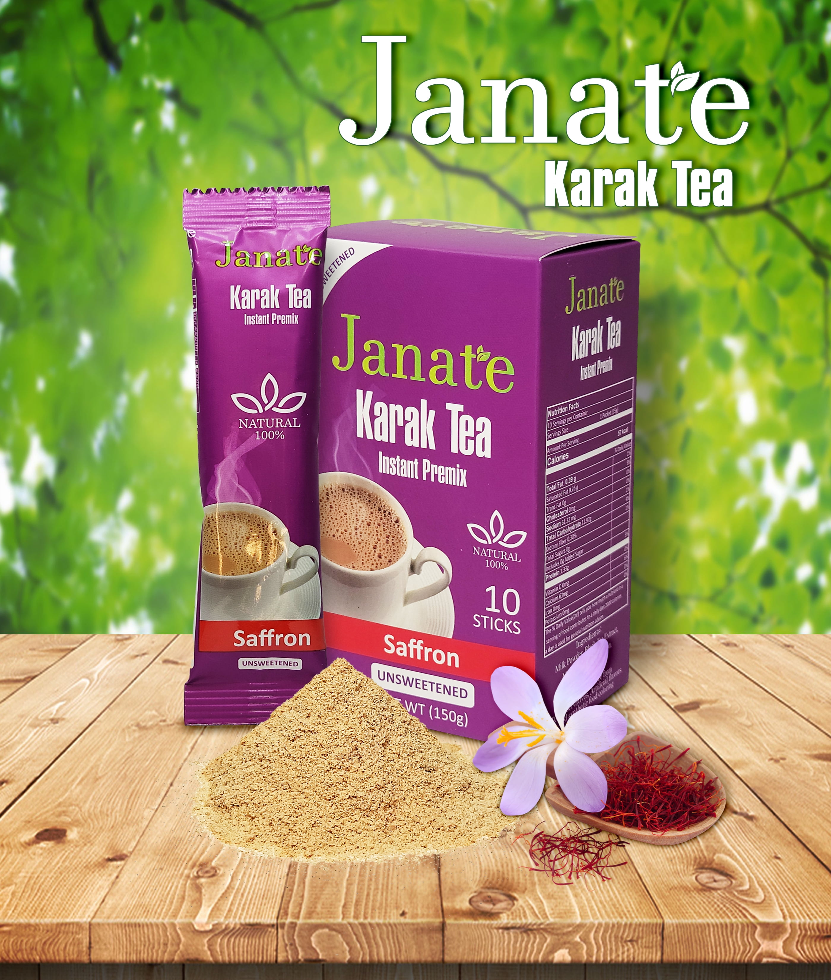 Karak Tea - Chai Latte, Instant Premixed 100% Natural with Saffron Unsweetened