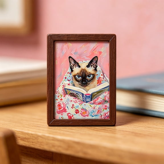 Reading Cats Mini Framed Wall Art – Floral Cat Print Wood Decor,B