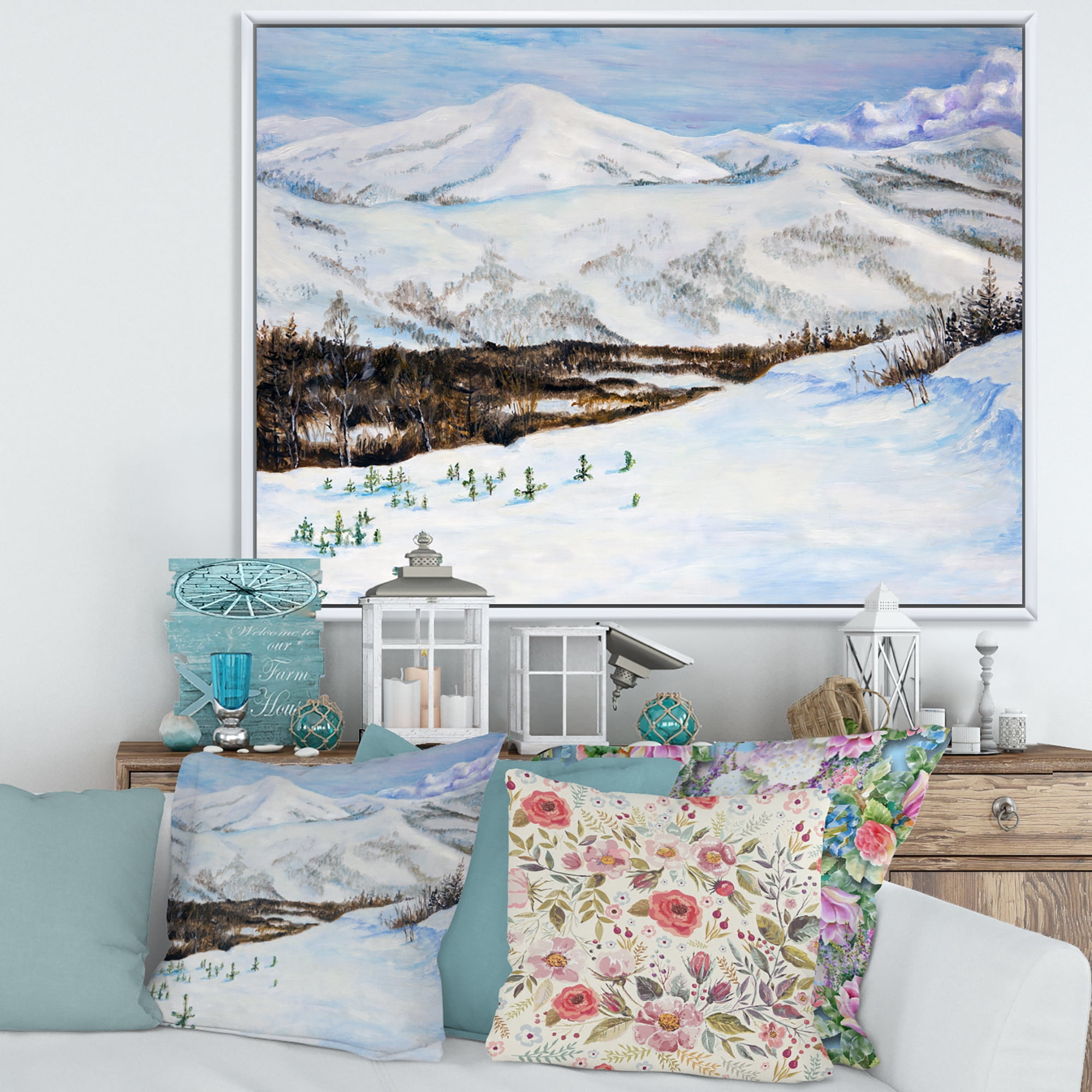 Designart 'Snow-Capped Mountains With Winter Landscape' Traditional Framed Canvas Wall Art Print