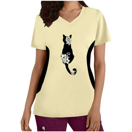 

Komiseup Scrub Tops Women Summer Women Cat Graphic Loose Fit Blouses Short Sleeve Trendy Working Uniform Tops V-Neck T Shirts